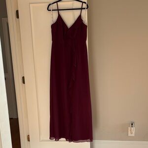 Merlot chiffon V-neck maxi dress: spaghetti straps, front slit, ruffle Size 14